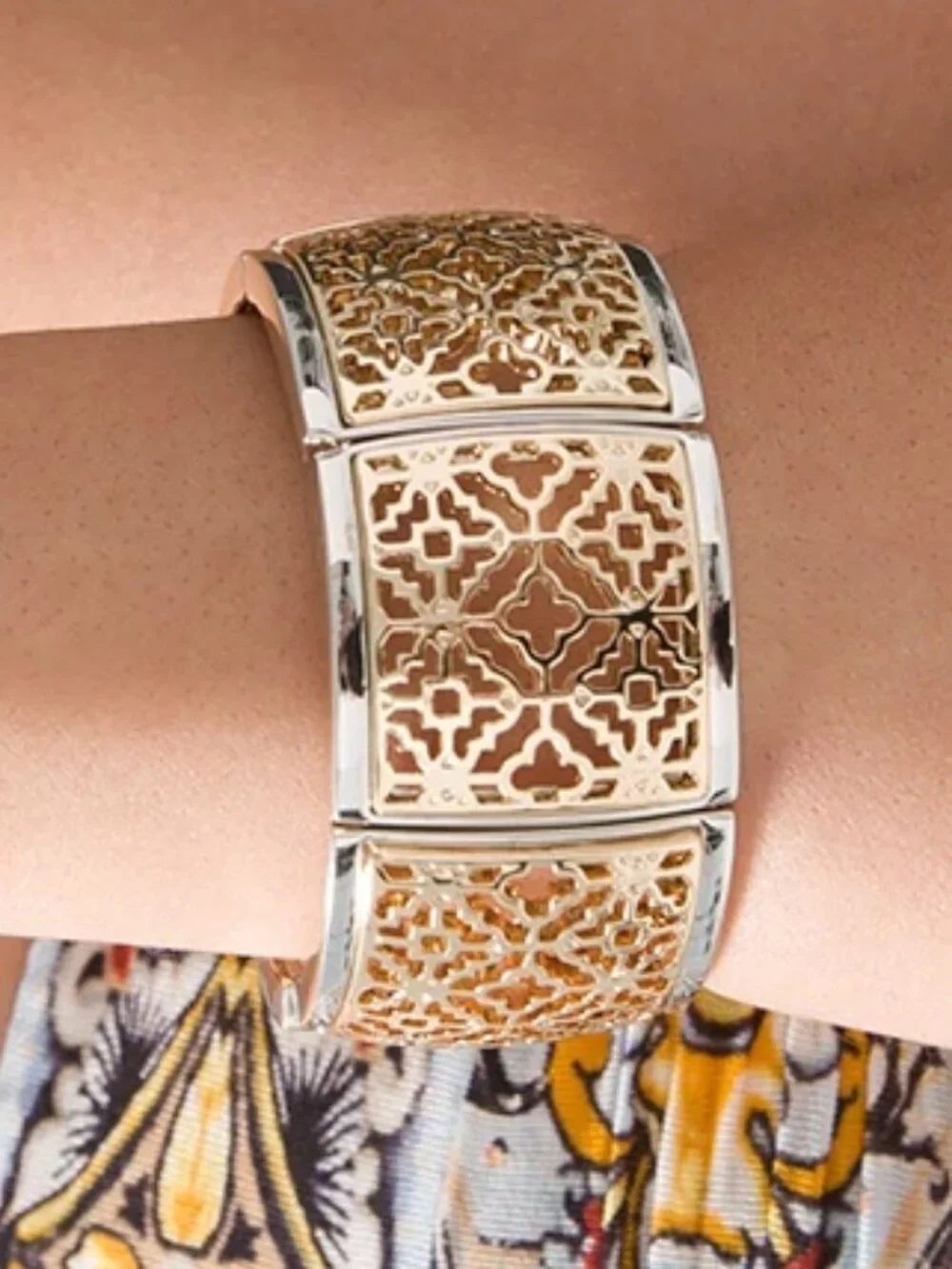 WHBM Goldtone + Silvertone Stretch Bracelet FILIGREE Bangle Cuff Mixed Metal - Picture 5 of 5